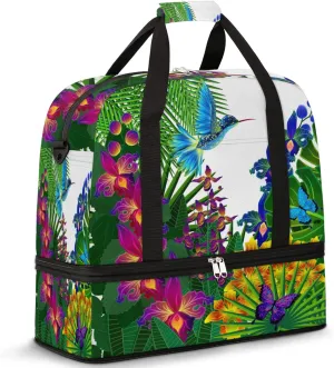 Tropical Floral Palm Leaves Hummbingbird Butterfly Foldable Travel Duffel Bag Tote Carry on Luggage Sport Duffle for Women Men Gym Bag Overnight Weekend Bags with Shoe Compartments & Shoulder Strap