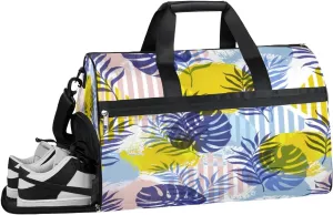 Tropical Geometric Leaves Pattern Resistant Sports Gym Bag for Women Men Travel Duffel bag with Wet Pocket & Shoes Compartment Waterproof Weekender Bag 19.7"x9.9"x13"