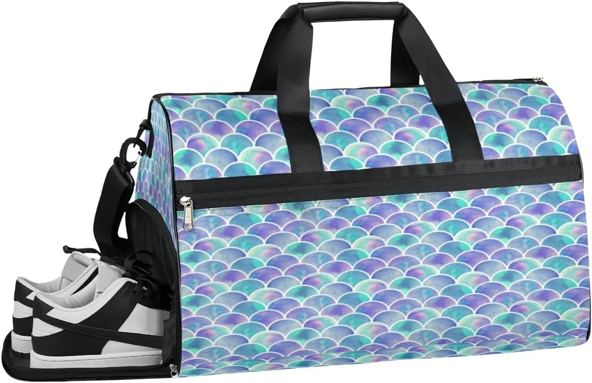 Turquoise Purple Mermaid Sports Gym Bag for Women and Men Travel Duffel Bag Overnight Shoulder Bag Waterproof Workout Bag Portable Sports Tote with Shoes Compartment