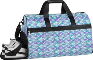 Turquoise Purple Mermaid Sports Gym Bag for Women and Men Travel Duffel Bag Overnight Shoulder Bag Waterproof Workout Bag Portable Sports Tote with Shoes Compartment