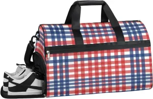 Usa Patriotic Gingham Sports Gym Bag for Women and Men Travel Duffel Bag Overnight Shoulder Bag Waterproof Workout Bag Portable Sports Tote with Shoes Compartment