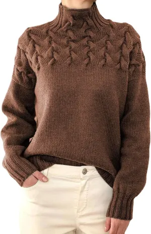 VINGVO High Neck Sweater, Loose Cable Knit Sweater for Women, Keep Warm for Travel (L)