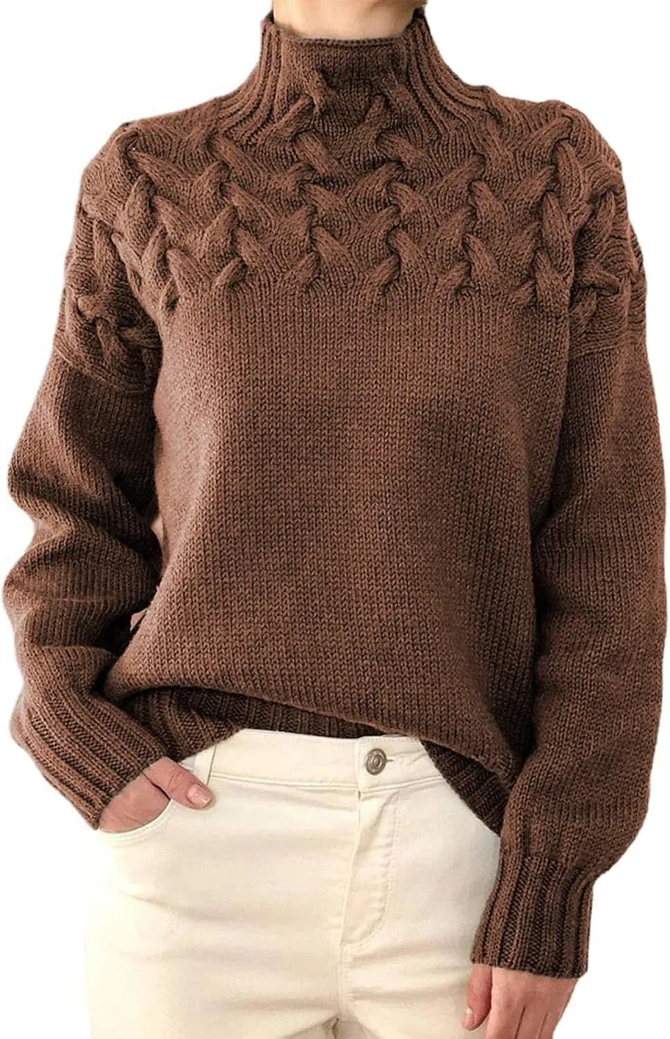 VINGVO High Neck Sweater, Loose Cable Knit Sweater for Women, Keep Warm for Travel (L)