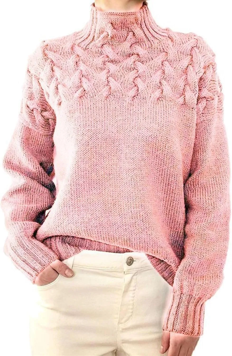 VINGVO High Neck Sweater, Loose Cable Knit Sweater for Women, Keep Warm for Travel (M)