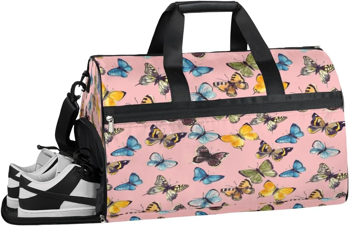 Watercolor Butterfly Sports Gym Bag with Wet Pocket & Shoes Compartment Waterproof Workout Duffel Bag for Women and Men Weekender Overnight Duffle Bag Travel Carry-on Tote