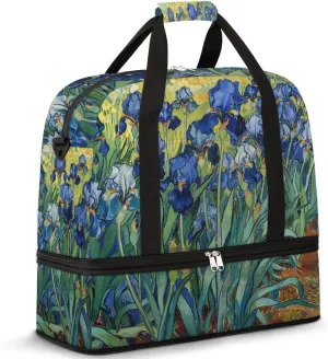 Watercolor Iris Flower Travel Duffel Bag for Women Men, Sports Gym Bag with Shoes Compartment Foldable Overnight Bag Weekender Tote Workout Carry On Luggage Bag