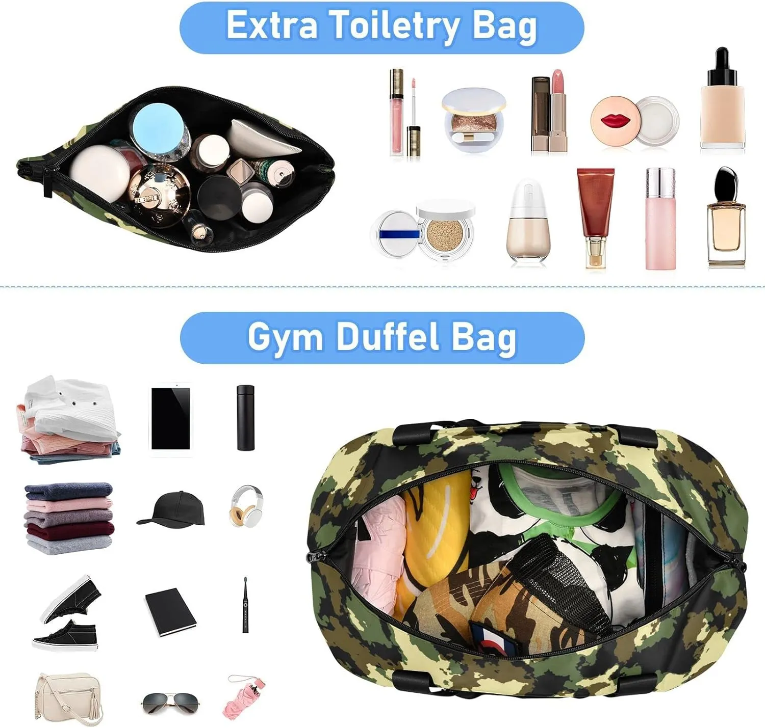 Weekender Bag for Women, Camouflage Army Camo Gym Bag Sports Duffle Bag Travel Tote Bag with Toiletry Bag Shoes Compartment Dry/Wet Separation Swim Bag