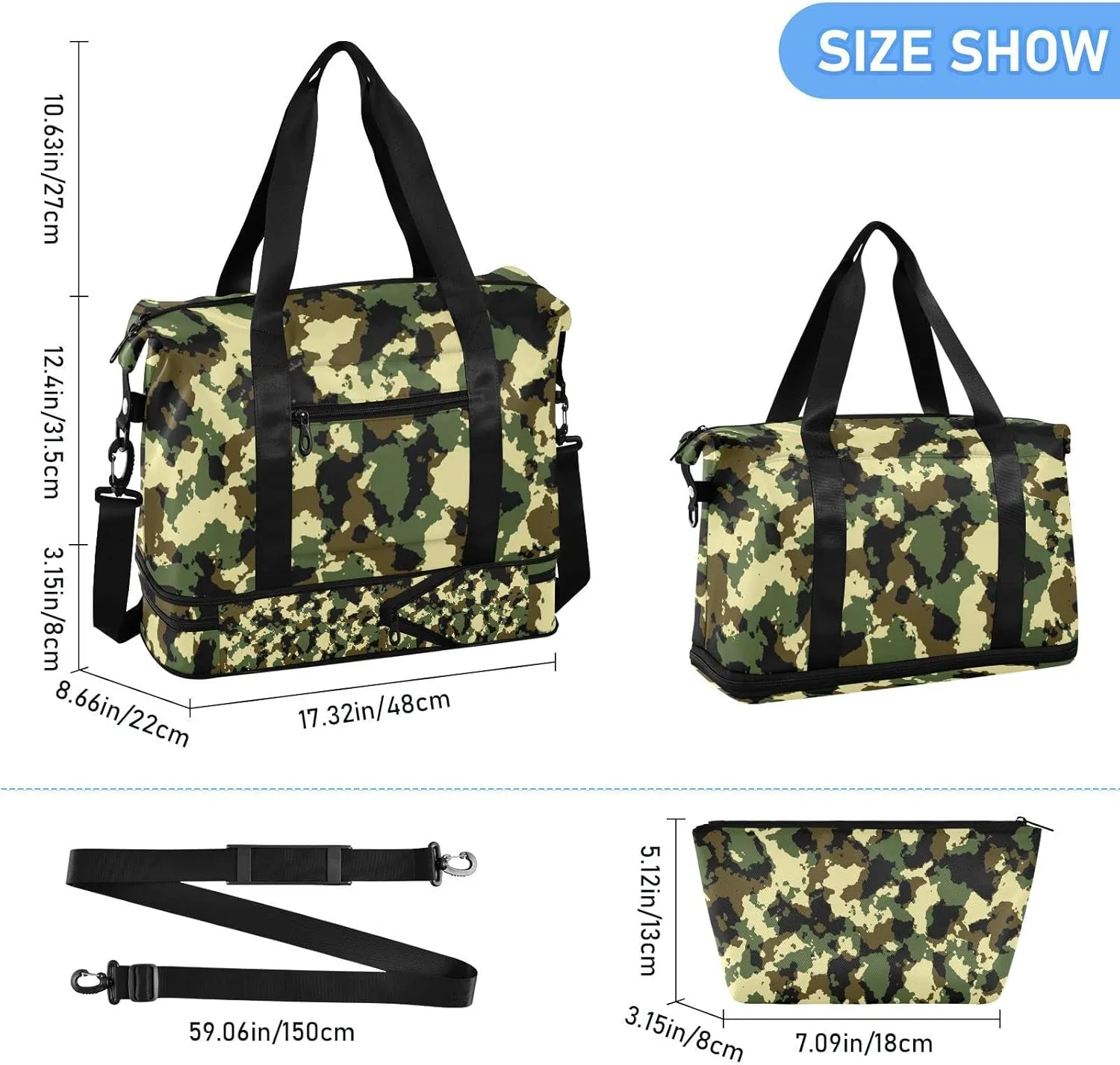 Weekender Bag for Women, Camouflage Army Camo Gym Bag Sports Duffle Bag Travel Tote Bag with Toiletry Bag Shoes Compartment Dry/Wet Separation Swim Bag