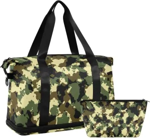 Weekender Bag for Women, Camouflage Army Camo Gym Bag Sports Duffle Bag Travel Tote Bag with Toiletry Bag Shoes Compartment Dry/Wet Separation Swim Bag