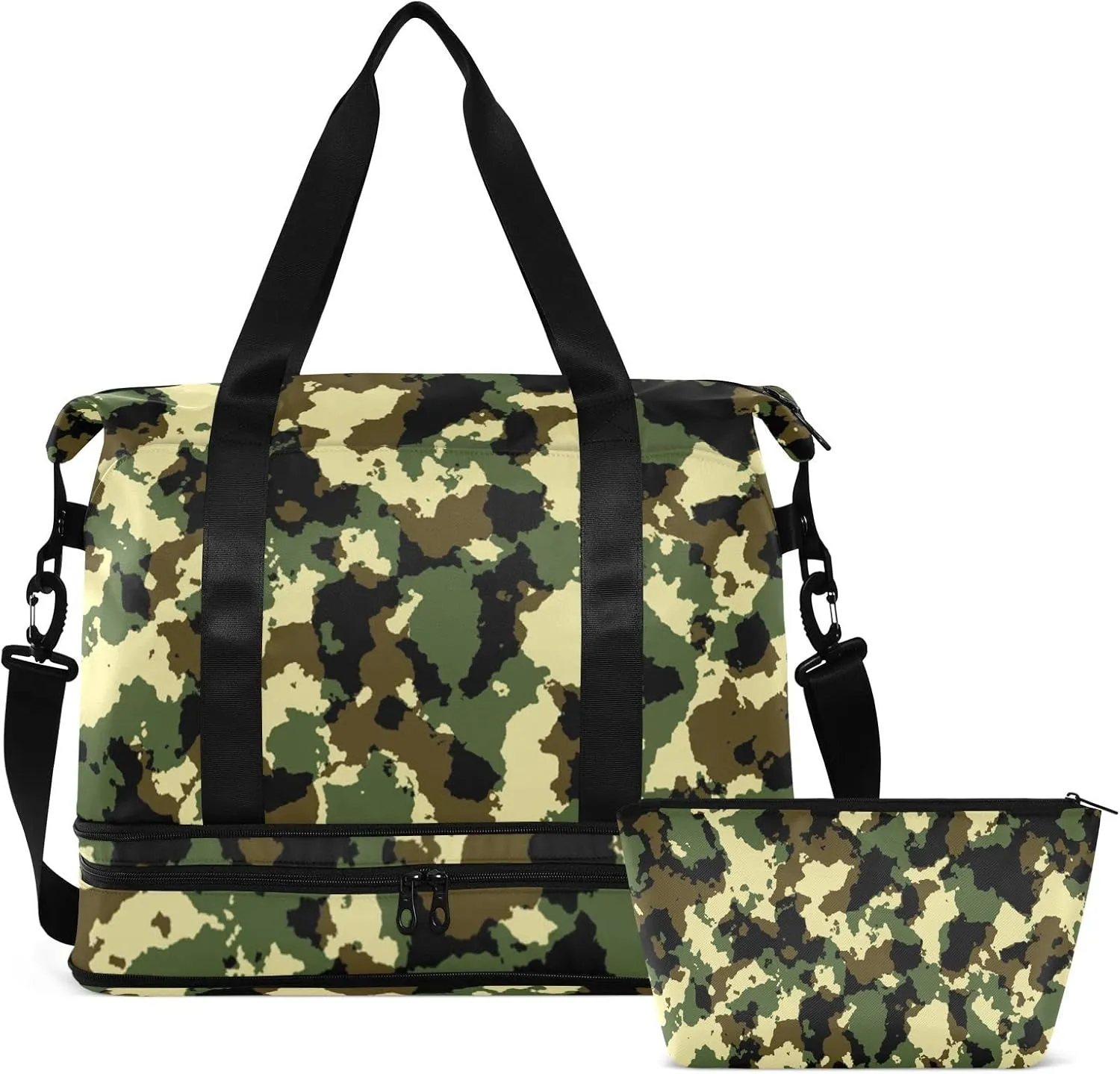 Weekender Bag for Women, Camouflage Army Camo Gym Bag Sports Duffle Bag Travel Tote Bag with Toiletry Bag Shoes Compartment Dry/Wet Separation Swim Bag