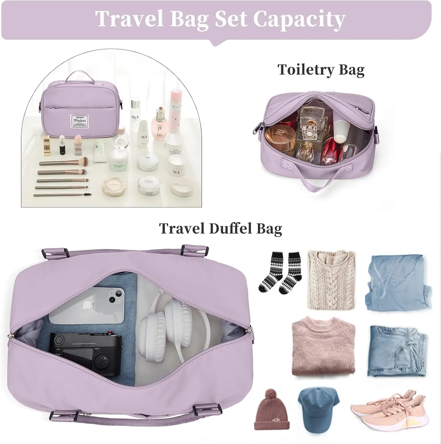 Weekender Bags for Women,Personal Item Travel Bag with Shoes Compartment,Overnight Travel Duffel Bag with Toiletry Bag, Purple, Large, Set(travel Bag toiletry Bag)