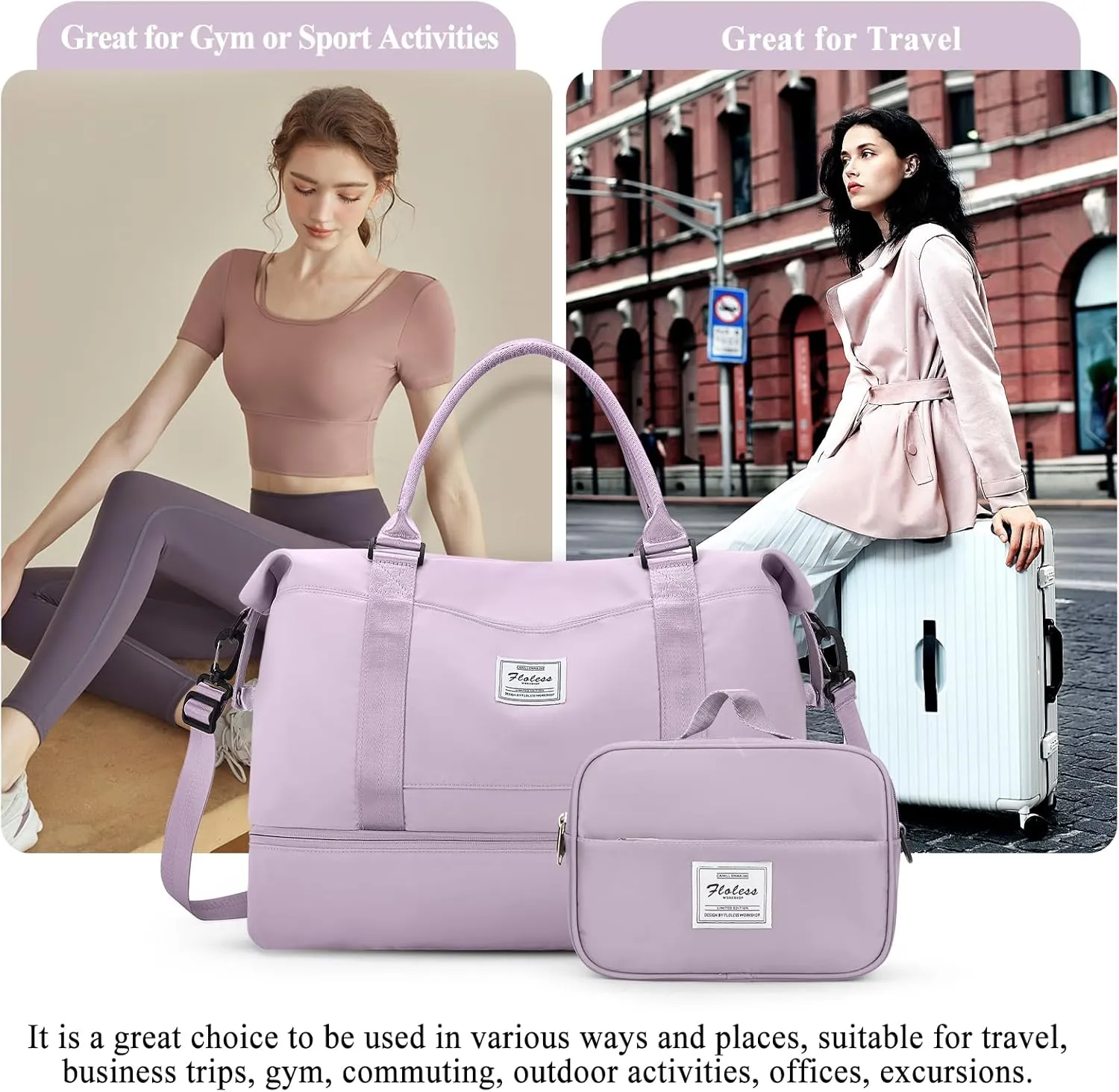 Weekender Bags for Women,Personal Item Travel Bag with Shoes Compartment,Overnight Travel Duffel Bag with Toiletry Bag, Purple, Large, Set(travel Bag toiletry Bag)