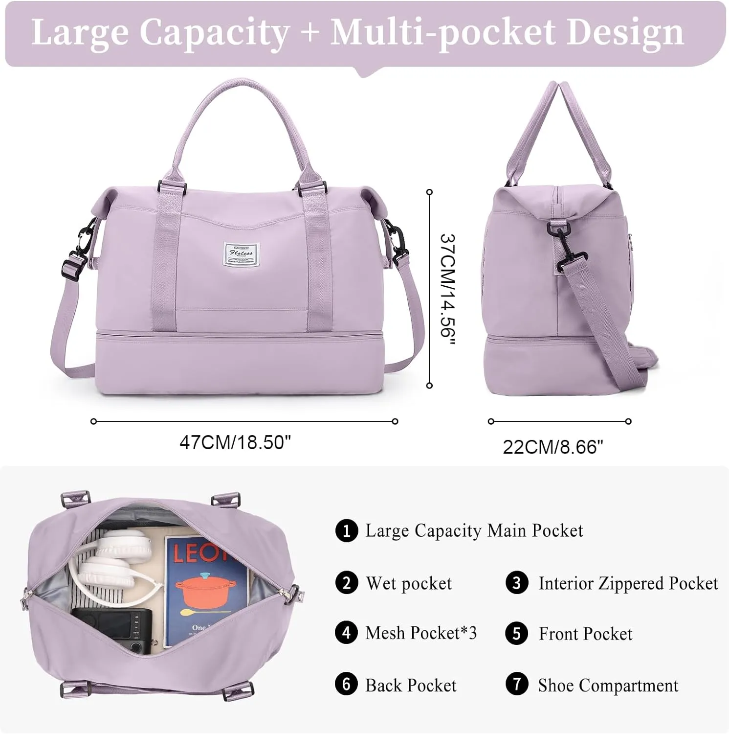 Weekender Bags for Women,Personal Item Travel Bag with Shoes Compartment,Overnight Travel Duffel Bag with Toiletry Bag, Purple, Large, Set(travel Bag toiletry Bag)