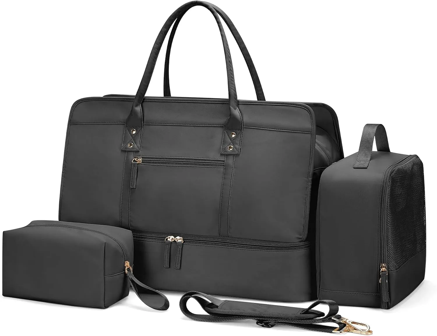 Weekender Bags for Women,Travel Duffel Bag Personal Item Bag with Shoes Compartment,Overnight Carry On Bag with Wet Pocket, Travel Bag 3Pcs Set, Black