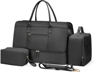 Weekender Bags for Women,Travel Duffel Bag Personal Item Bag with Shoes Compartment,Overnight Carry On Bag with Wet Pocket, Travel Bag 3Pcs Set, Black