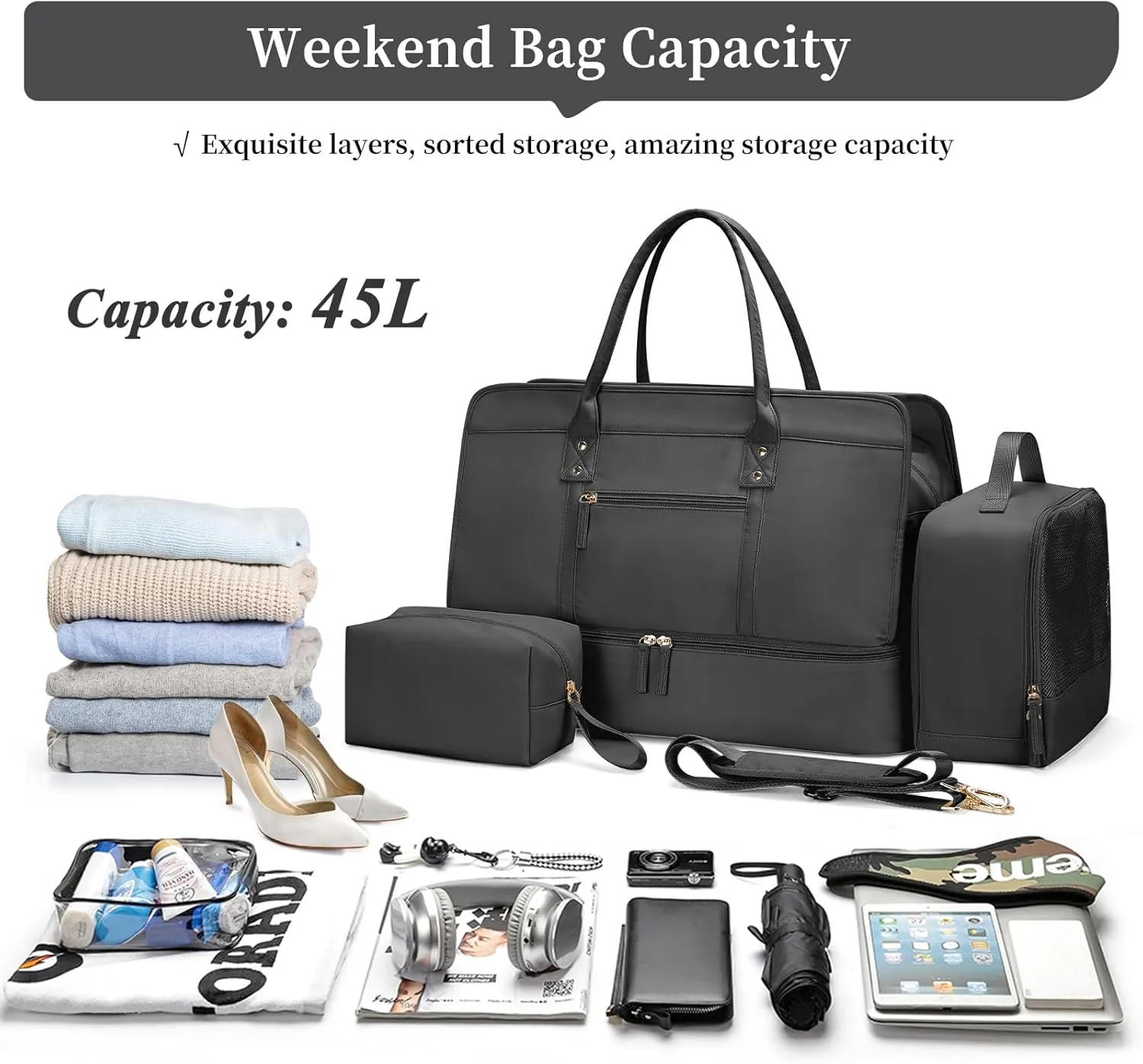 Weekender Bags for Women,Travel Duffel Bag Personal Item Bag with Shoes Compartment,Overnight Carry On Bag with Wet Pocket, Travel Bag 3Pcs Set, Black