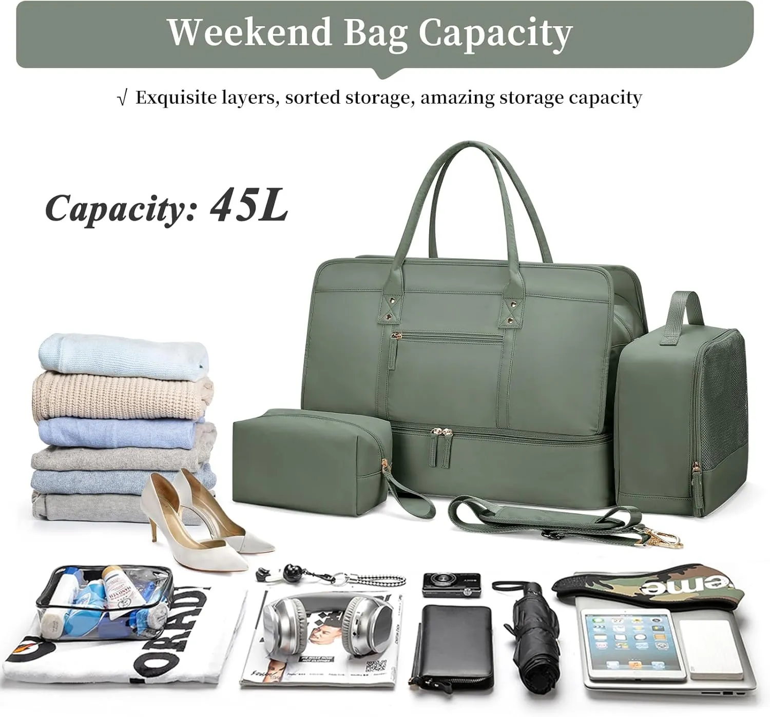 Weekender Bags for Women,Travel Duffel Bag Personal Item Bag with Shoes Compartment,Overnight Carry On Bag with Wet Pocket, Travel Bag 3Pcs Set, Green
