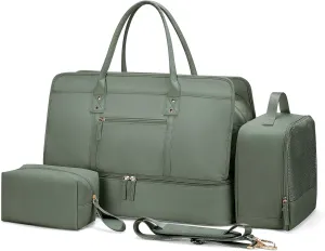 Weekender Bags for Women,Travel Duffel Bag Personal Item Bag with Shoes Compartment,Overnight Carry On Bag with Wet Pocket, Travel Bag 3Pcs Set, Green