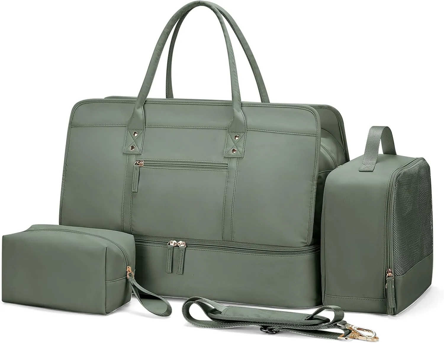 Weekender Bags for Women,Travel Duffel Bag Personal Item Bag with Shoes Compartment,Overnight Carry On Bag with Wet Pocket, Travel Bag 3Pcs Set, Green