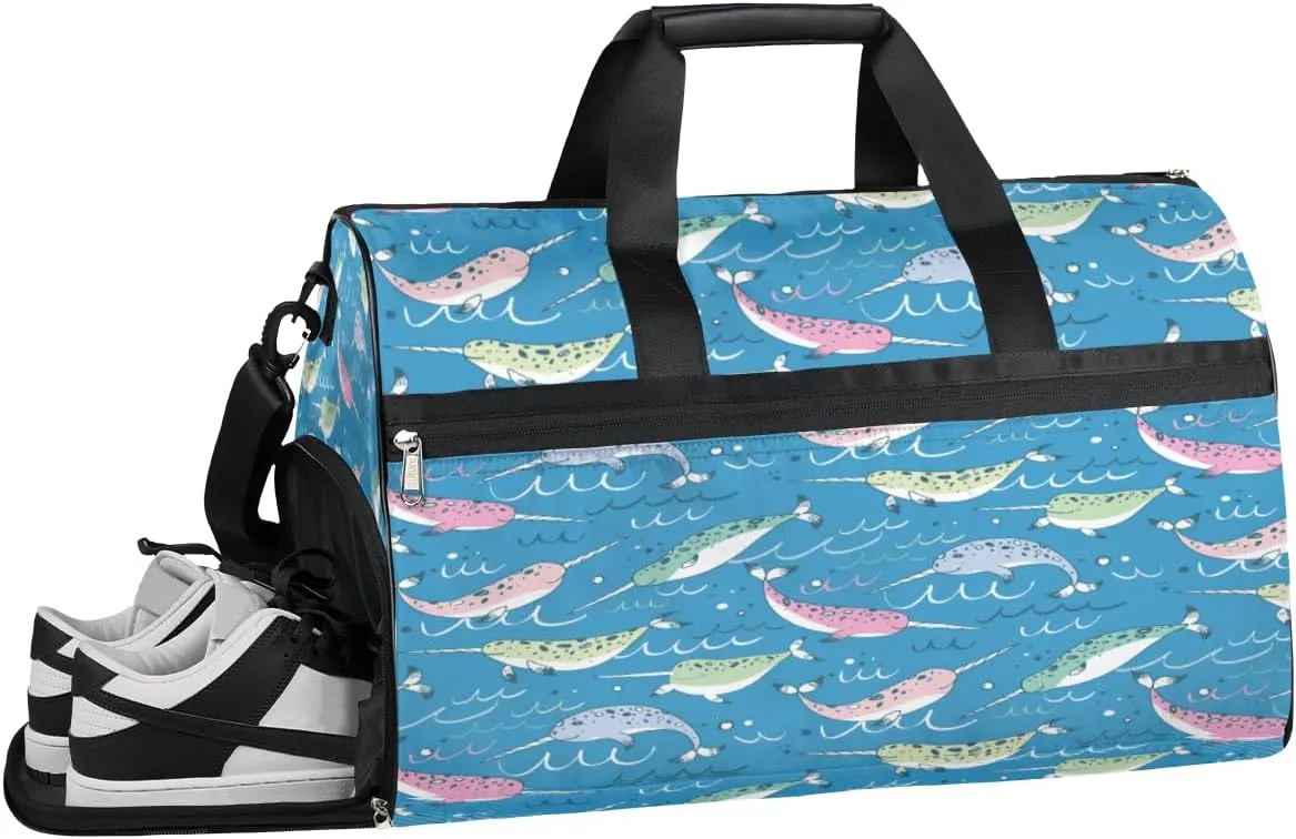 Whale Design Sports Gym Bag with Wet Pocket & Shoes Compartment Waterproof Workout Duffel Bag for Women and Men Weekender Overnight Duffle Bag Travel Carry-on Tote