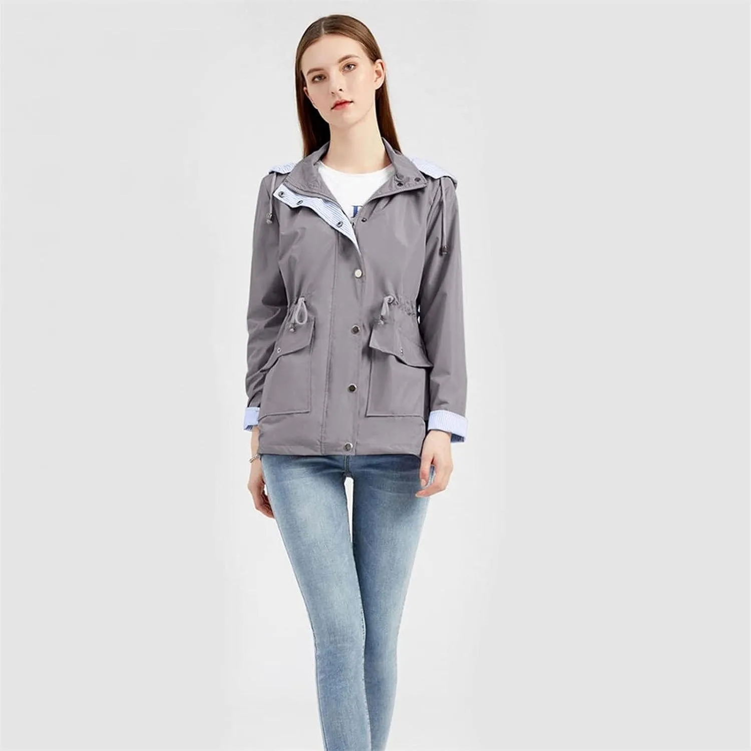 Wkishenl Rain Coat for Women Waterproof with Hood Active Outdoor Rain Jacket Solid Lightweight Zip Up Lace Up Fall Raincoat