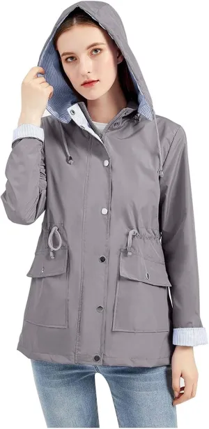 Wkishenl Rain Coat for Women Waterproof with Hood Active Outdoor Rain Jacket Solid Lightweight Zip Up Lace Up Fall Raincoat