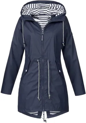 Wkishenl Womens Rain Jacket Zipper Lace Up Waterproof Hooded Long Trench Coats Striped Lined Windbreaker Travel Jacket
