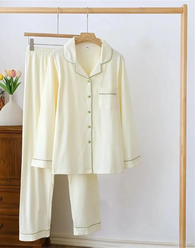Woman Spring And Autumn Cotton Knitted Pajamas Suit Long-Sleeved Trousers Two-Piece Suit Home