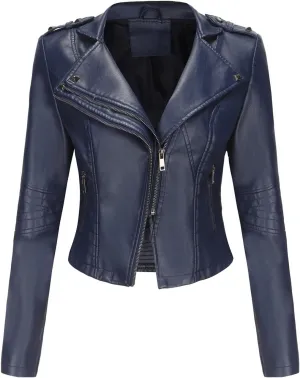 Women PU Leather Cropped Jacket Zip Up Moto Biker Coat Rivets Bomber Outerwear