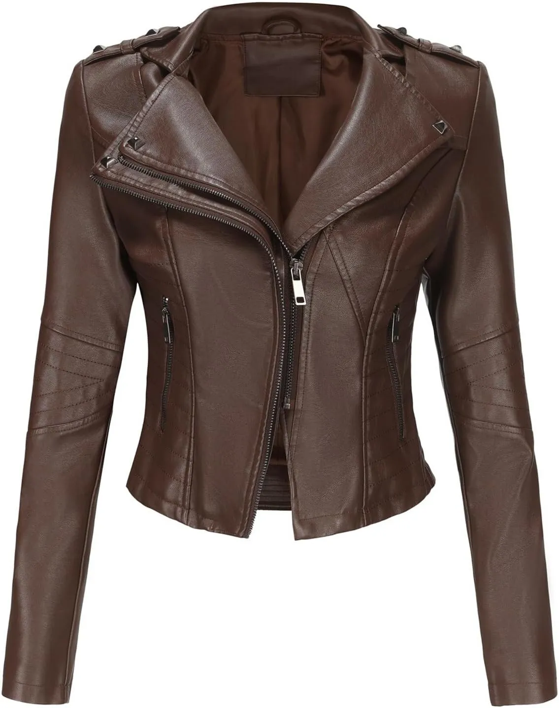 Women PU Leather Cropped Jacket Zip Up Moto Biker Coat Rivets Bomber Outerwear
