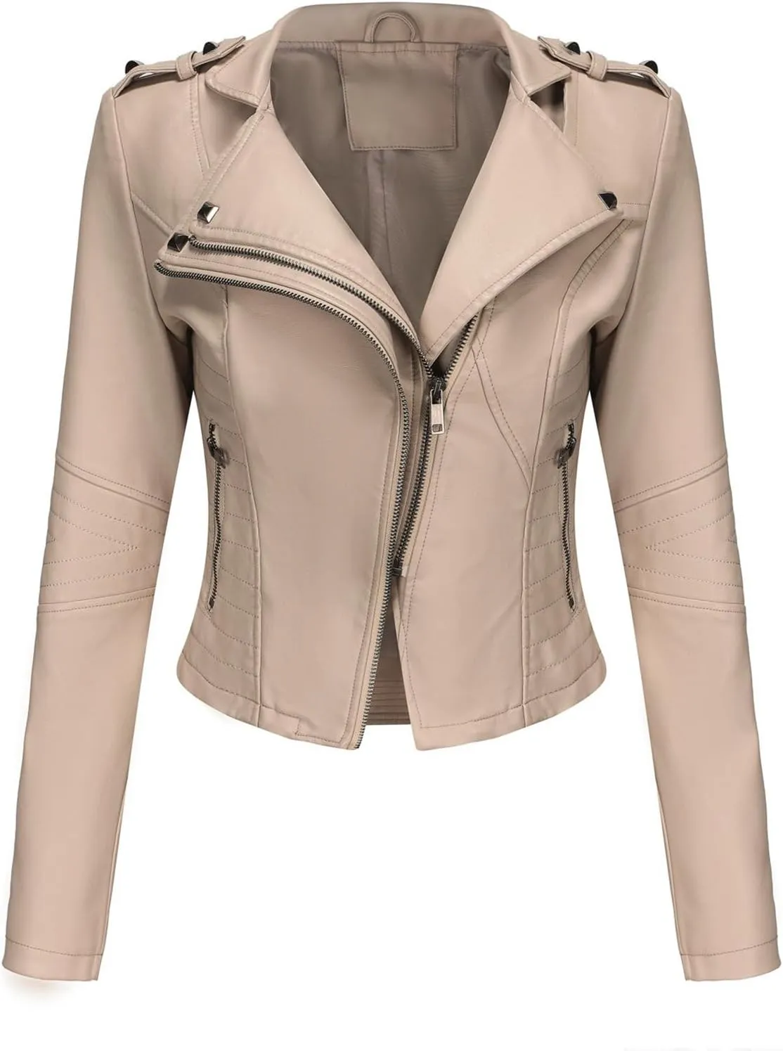 Women PU Leather Cropped Jacket Zip Up Moto Biker Coat Rivets Bomber Outerwear
