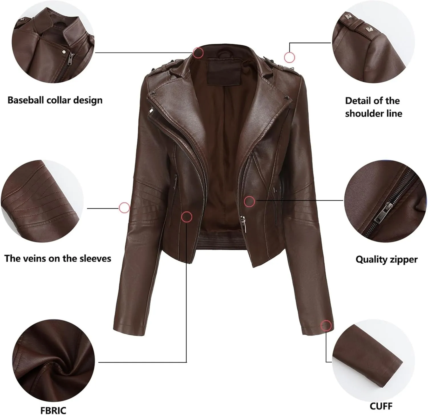 Women PU Leather Cropped Jacket Zip Up Moto Biker Coat Rivets Bomber Outerwear