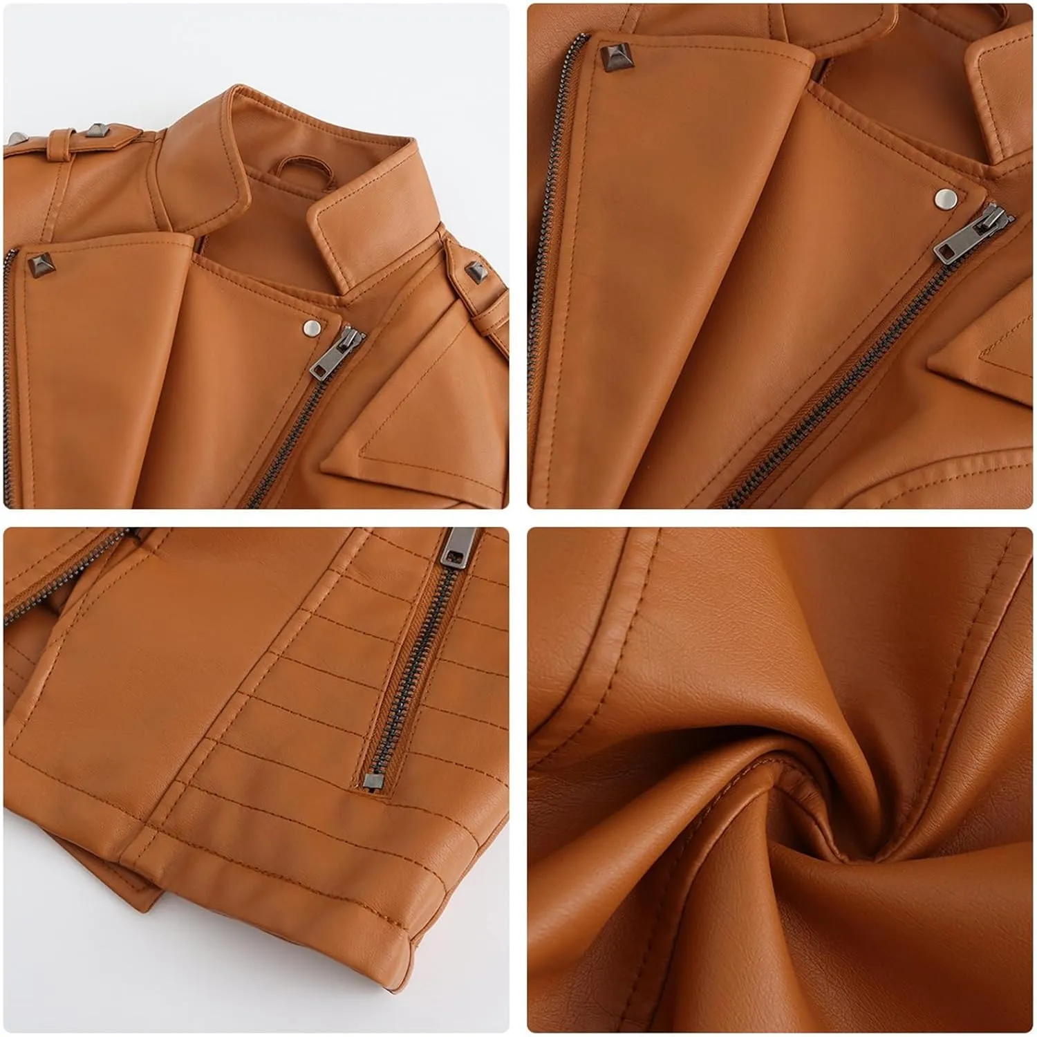 Women PU Leather Cropped Jacket Zip Up Moto Biker Coat Rivets Bomber Outerwear