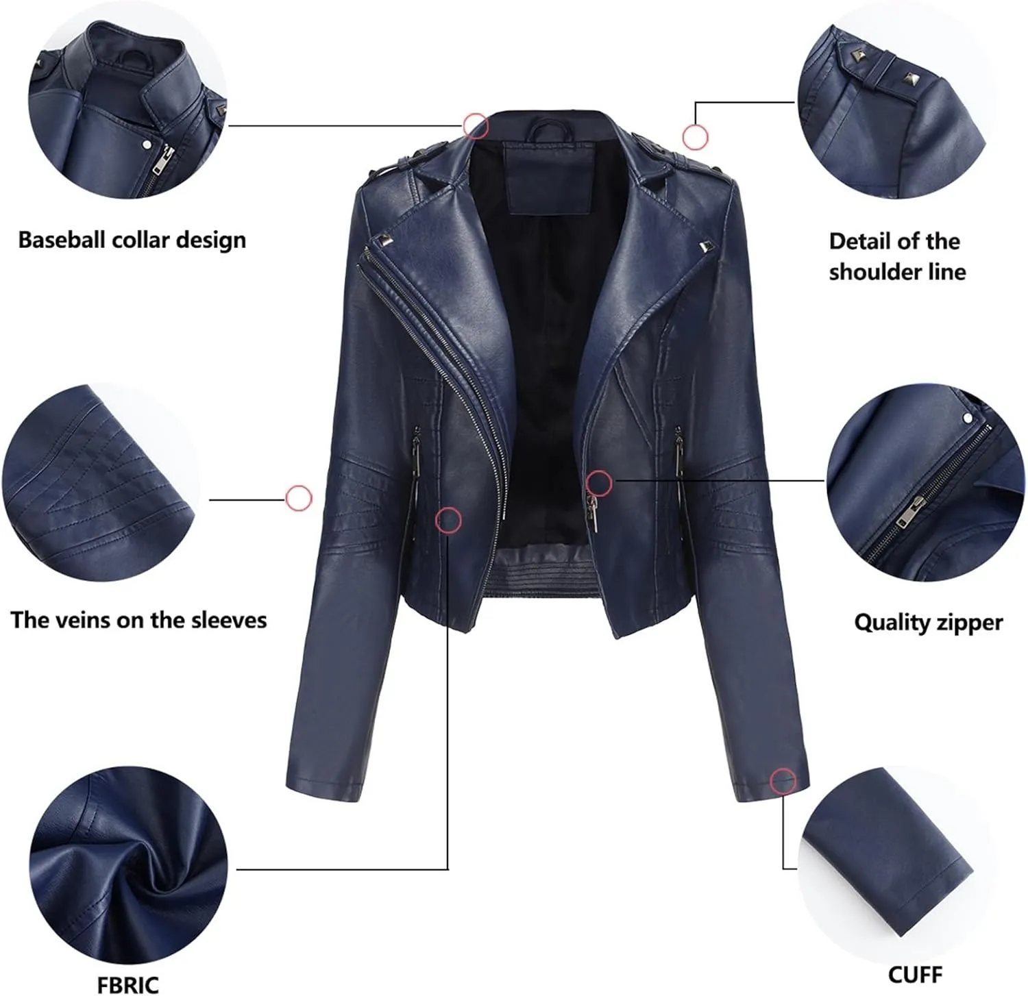 Women PU Leather Cropped Jacket Zip Up Moto Biker Coat Rivets Bomber Outerwear