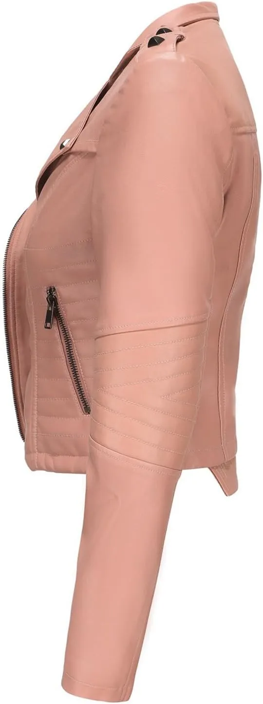 Women PU Leather Cropped Jacket Zip Up Moto Biker Coat Rivets Bomber Outerwear
