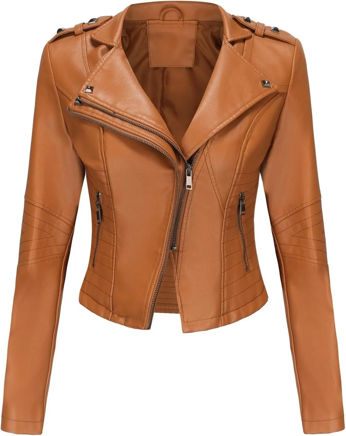 Women PU Leather Cropped Jacket Zip Up Moto Biker Coat Rivets Bomber Outerwear
