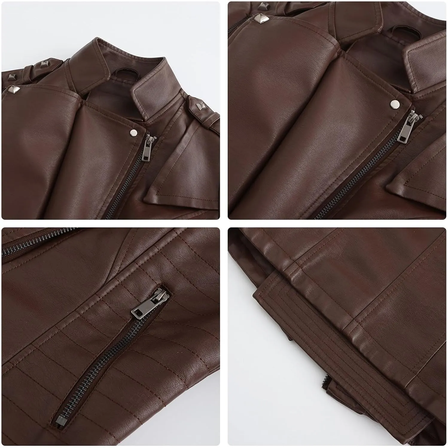 Women PU Leather Cropped Jacket Zip Up Moto Biker Coat Rivets Bomber Outerwear