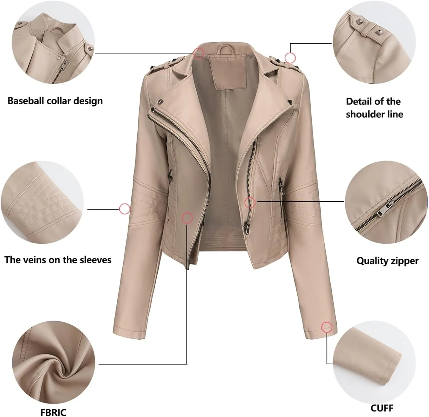 Women PU Leather Cropped Jacket Zip Up Moto Biker Coat Rivets Bomber Outerwear