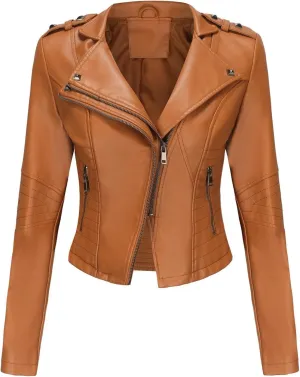 Women PU Leather Cropped Jacket Zip Up Moto Biker Coat Rivets Bomber Outerwear