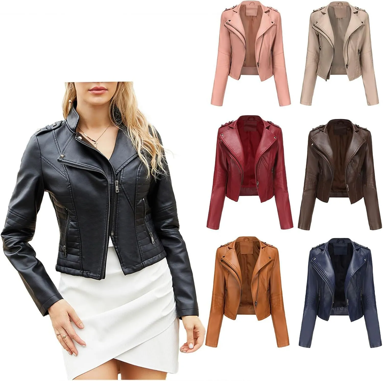 Women PU Leather Cropped Jacket Zip Up Moto Biker Coat Rivets Bomber Outerwear