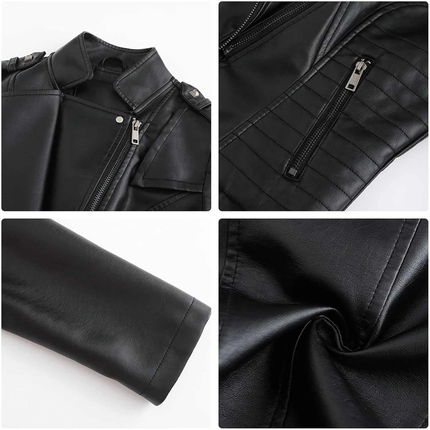 Women PU Leather Cropped Jacket Zip Up Moto Biker Coat Rivets Bomber Outerwear