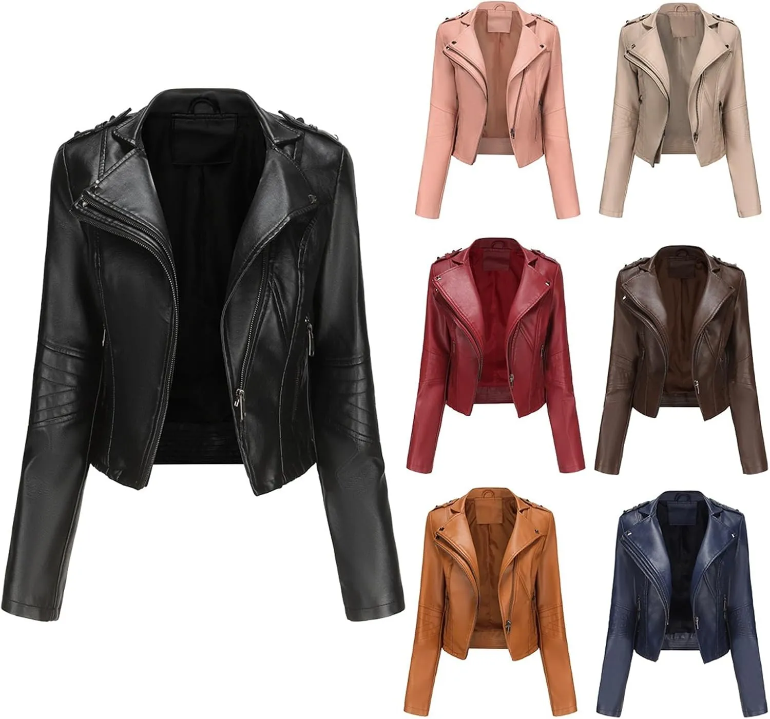 Women PU Leather Cropped Jacket Zip Up Moto Biker Coat Rivets Bomber Outerwear