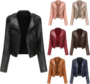 Women PU Leather Cropped Jacket Zip Up Moto Biker Coat Rivets Bomber Outerwear