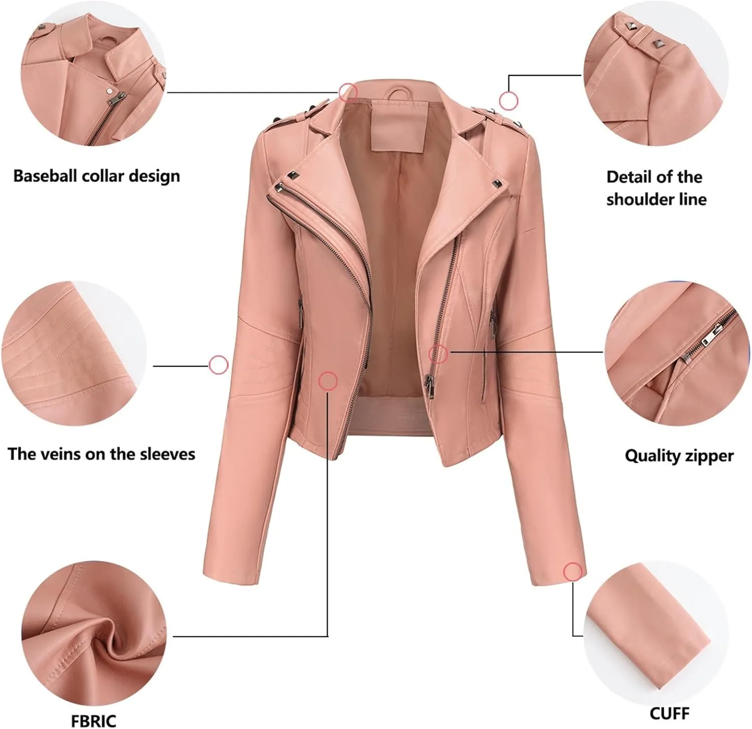 Women PU Leather Cropped Jacket Zip Up Moto Biker Coat Rivets Bomber Outerwear