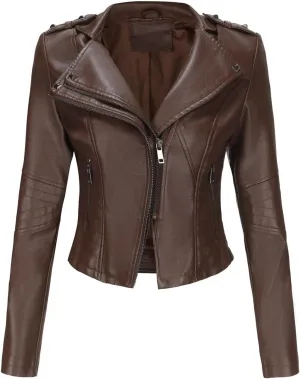 Women PU Leather Cropped Jacket Zip Up Moto Biker Coat Rivets Bomber Outerwear