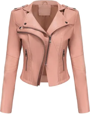 Women PU Leather Cropped Jacket Zip Up Moto Biker Coat Rivets Bomber Outerwear