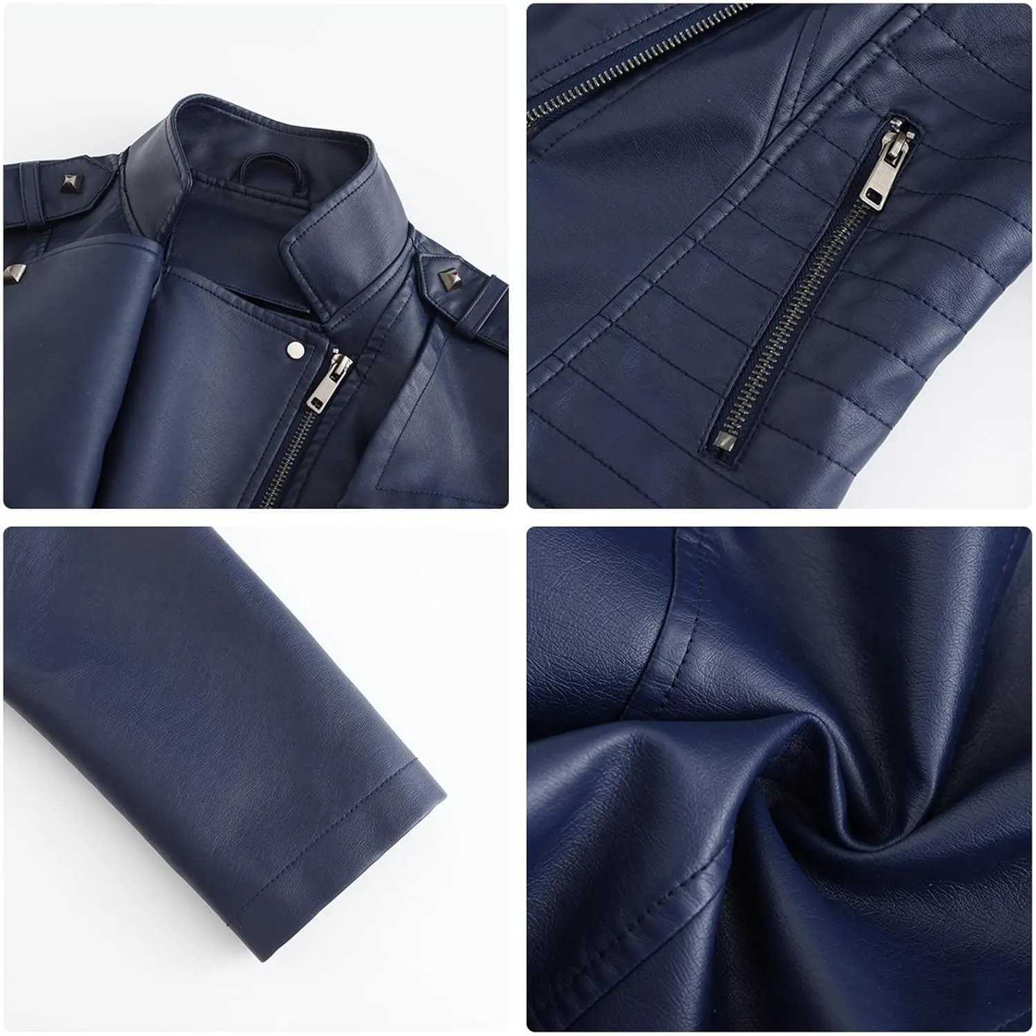 Women PU Leather Cropped Jacket Zip Up Moto Biker Coat Rivets Bomber Outerwear