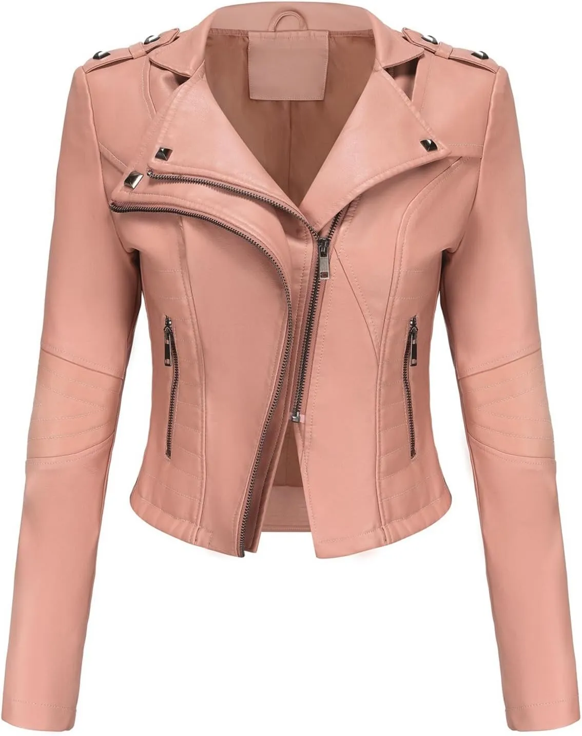 Women PU Leather Cropped Jacket Zip Up Moto Biker Coat Rivets Bomber Outerwear