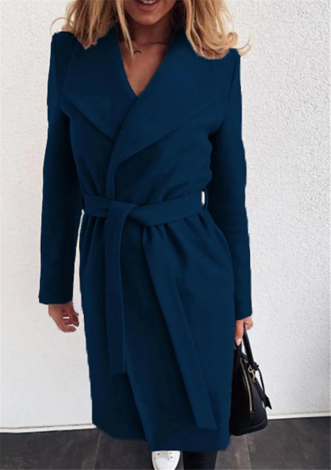 Women Solid Color Long Sleeve Trench Coat Lapel Collar Belt Jackets Wool Blend Wrap Work Long Coats