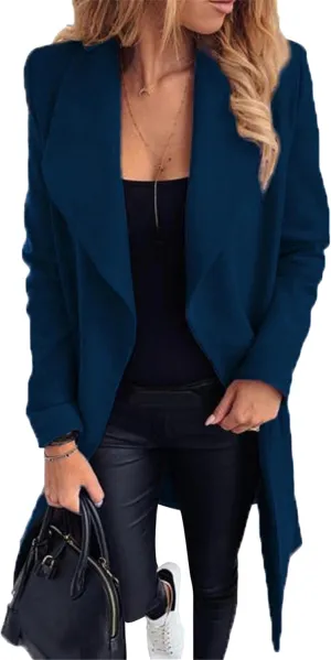 Women Solid Color Long Sleeve Trench Coat Lapel Collar Belt Jackets Wool Blend Wrap Work Long Coats